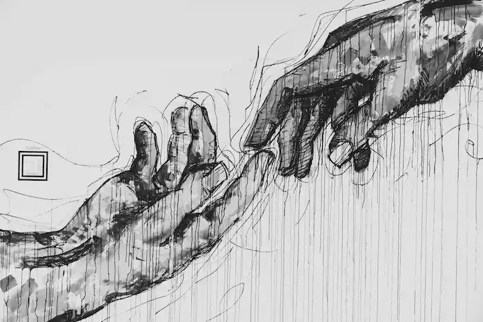 Illustration en noir et blanc de deux mains se touchant, avec des traits de crayon visibles et un style artistique abstrait.