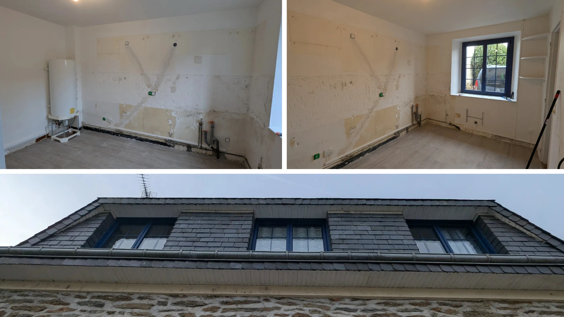 Montage photo d'une rénovation de maison, les murs et le sol sont dégradé, brut. Pièce vide