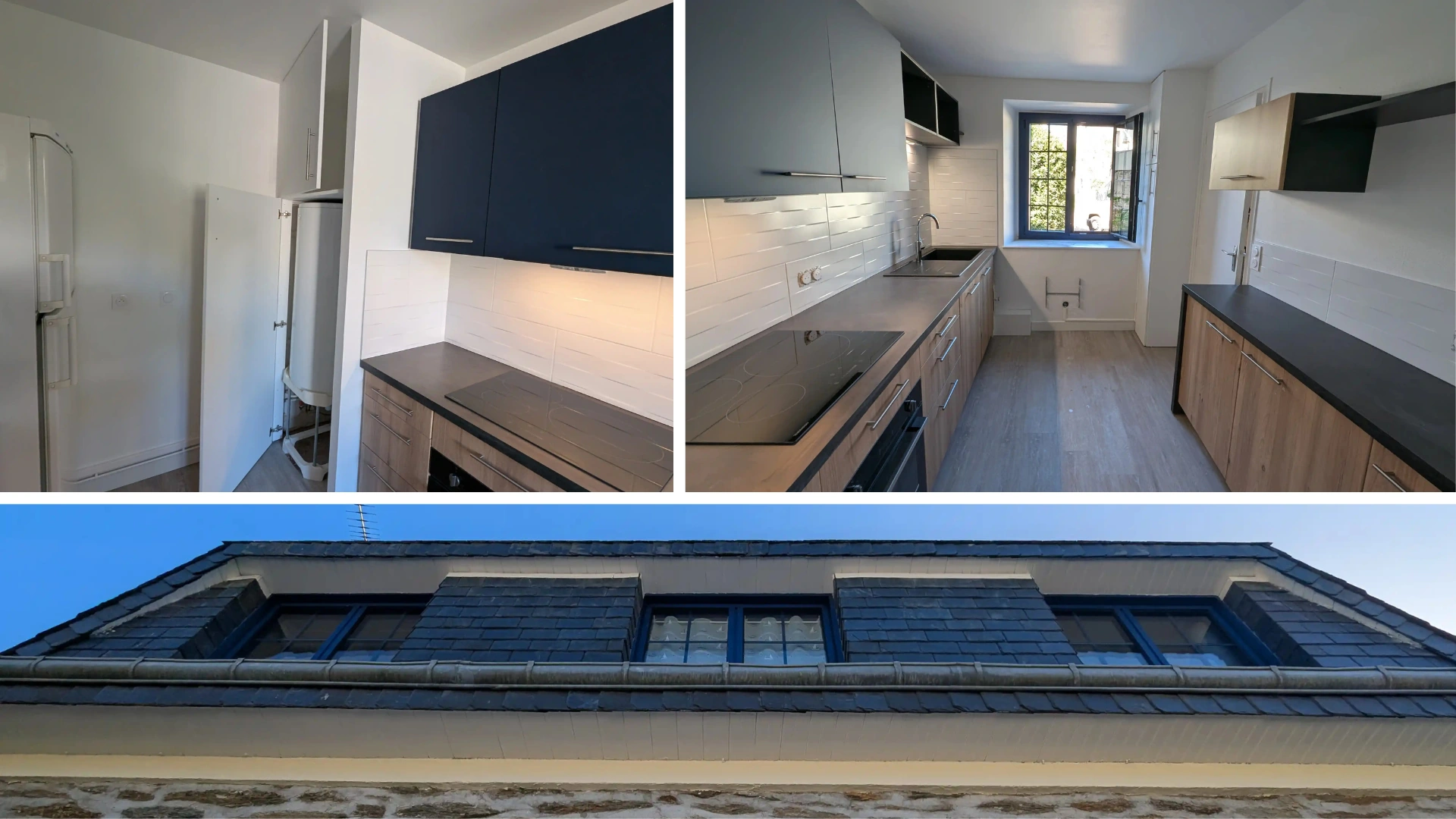 Montage photo d'une rénovation de maison : cuisine et extérieur en bois. Sol coloris bois, murs  blancs et cuisine bois